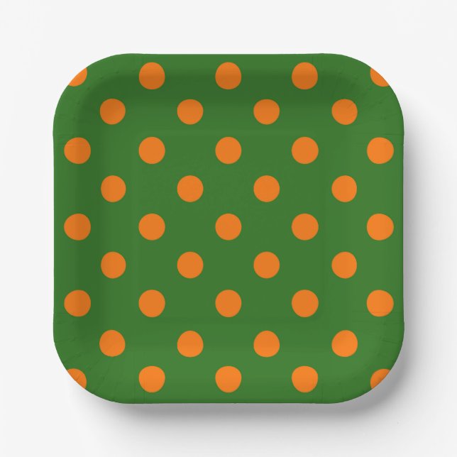 Orange On Green Polka Dots Pattern Design  Paper Plate (Front)