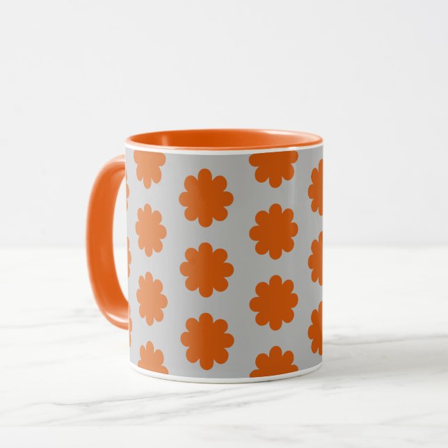 Orange on Grey Retro Flower Art Mug Cup (Front Left)