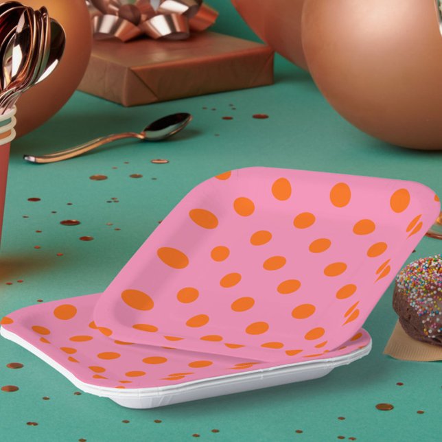 Orange On Pink Polka Dots Pattern Design Paper Plate (Creator Uploaded)