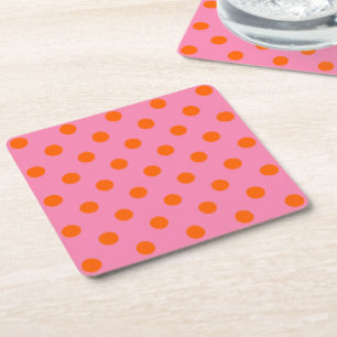Orange On Pink Polka Dots Pattern Design Square Paper Coaster