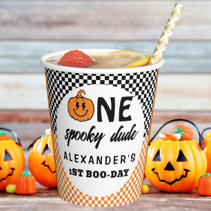 Orange One Spooky Dude Halloween 1st Birthday Paper Cups
