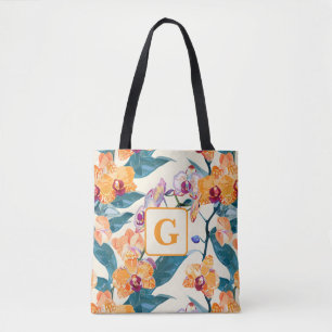 Orange Orchids Monogram fleece blanket Tote Bag