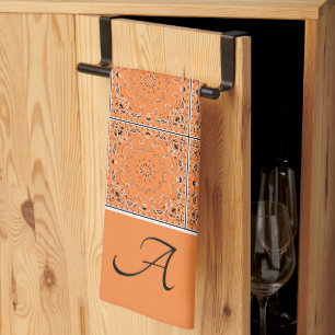 Orange oriental design monogram tea towel