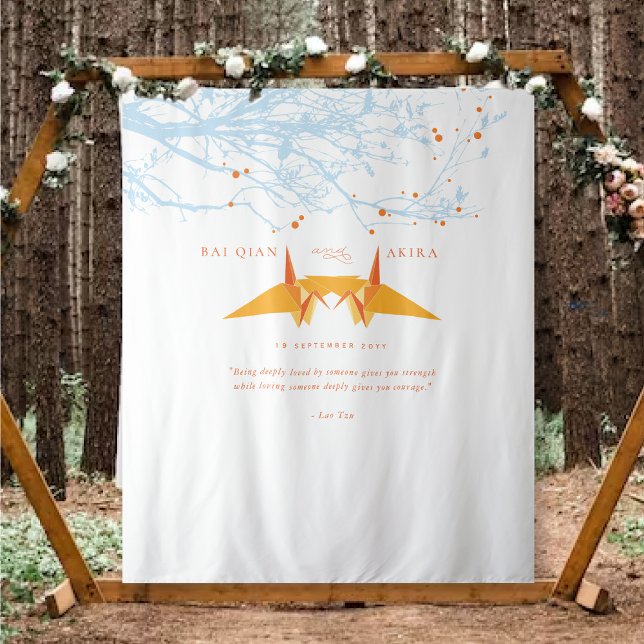 Orange Origami Paper Cranes Wedding Photo Backdrop Tapestry (Orange Origami Paper Cranes & Branches Asian Wedding Photo Backdrop Tapestry @ fatfatin_red_knot)