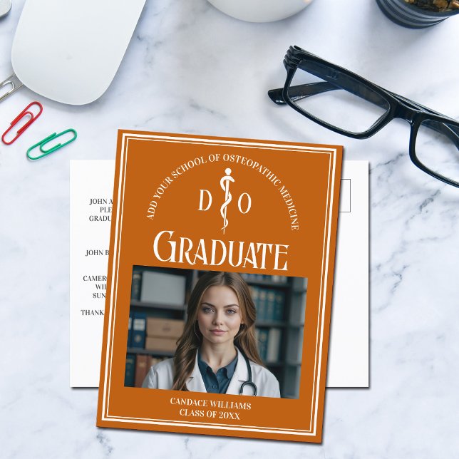 Orange Osteopathic Medical School Graduation Photo Announcement Postcard (Creator Uploaded)