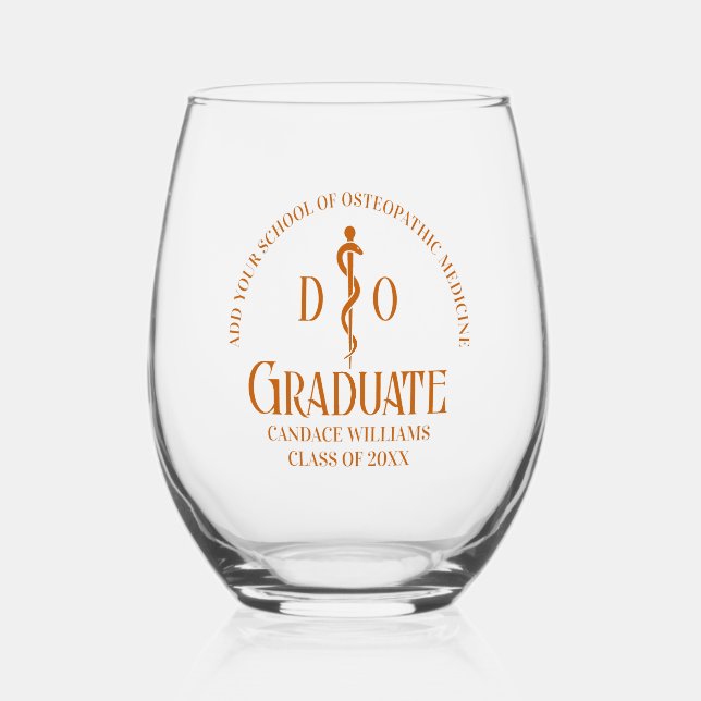 Orange Osteopathic Medical School Graduation Stemless Wine Glass (Front)