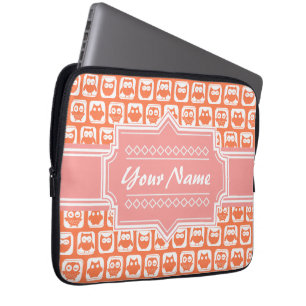 Orange Owl Coral Personalised Name Laptop Sleeve