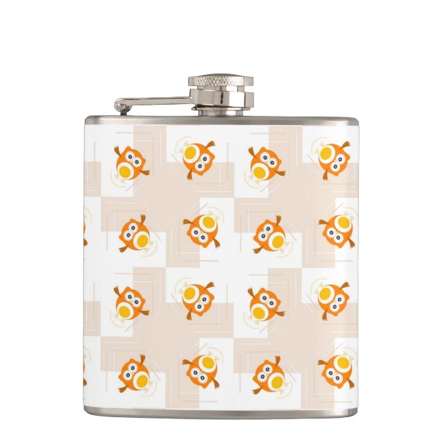 Orange Owl Illustration Pattern Hip Flask (Front)