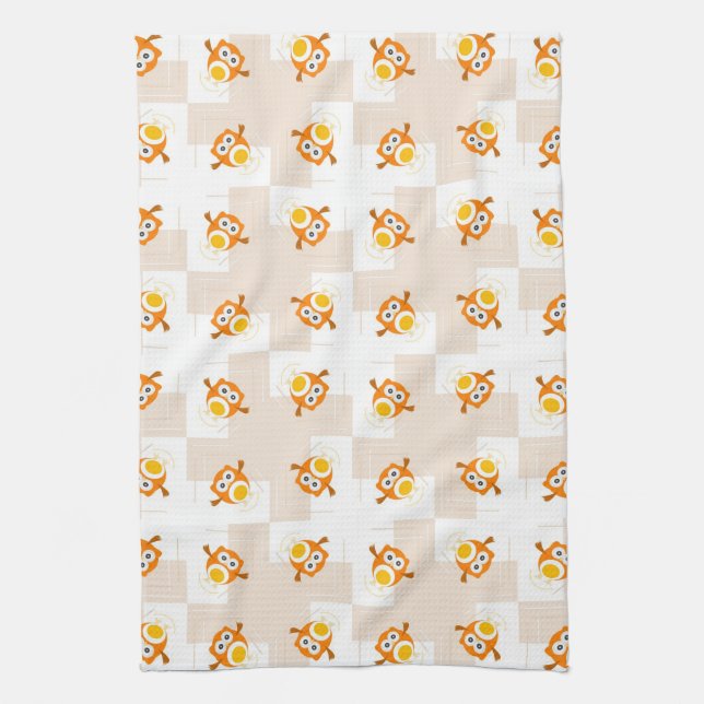 Orange Owl Illustration Pattern Tea Towel (Vertical)