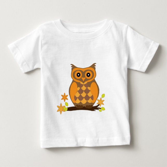 Orange Owl Perched With Flowers Baby T-Shirt (Front)