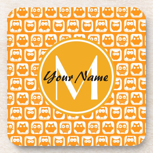 Orange Owls Custom Monogram Coaster (Front)