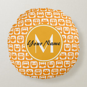 Orange Owls Custom Monogram Round Cushion
