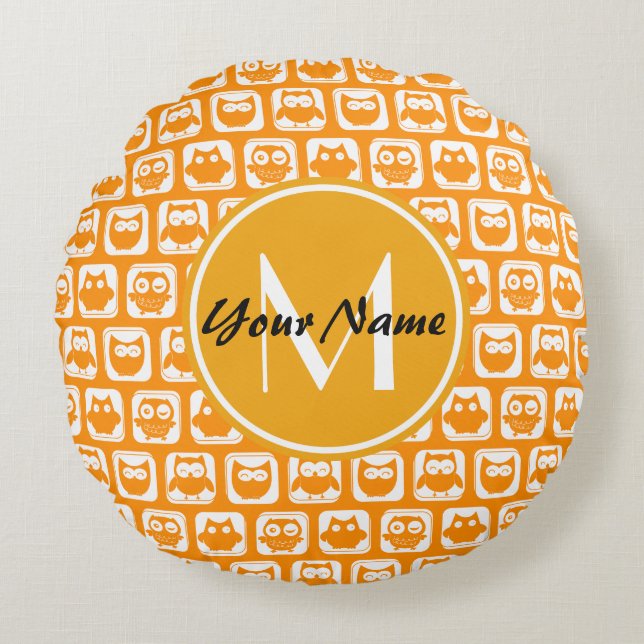 Orange Owls Custom Monogram Round Cushion (Front)