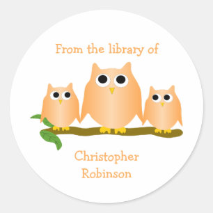 Orange Owls Design Bookplate Classic Round Sticker