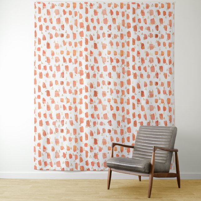 Orange Paint Dots Gold Triangles Pattern Tapestry (In Situ)
