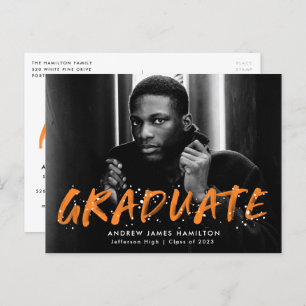 Orange Paint Splatter Photo Graduation Party Invitation Postcard