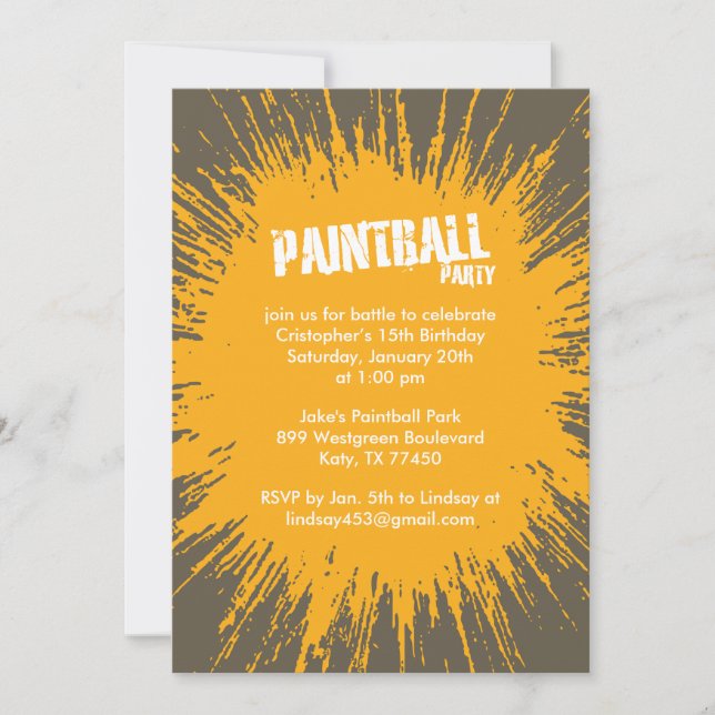 Orange Paintball Splatter Party Invitations (Front)