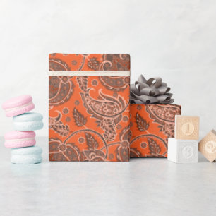 Orange paisley damask floral oriented ethnic wrapping paper