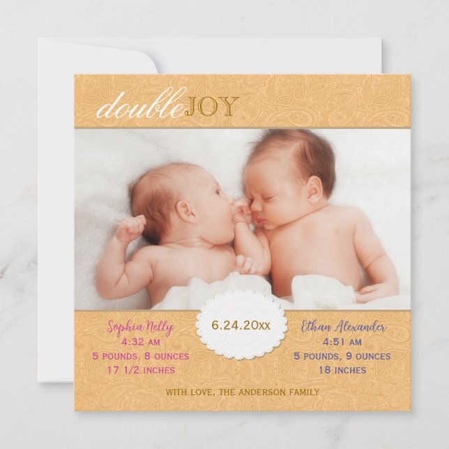 Orange Paisley Twins Photo Birth Announcement (Front)