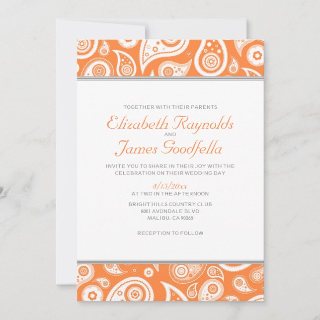 Orange Paisley Wedding Invitations (Front)