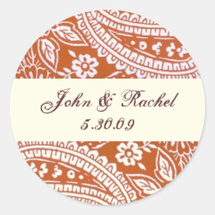 Orange Paisley with names and date Classic Round Sticker
