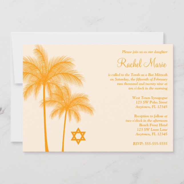 Orange Palm Tree Tropical Bat Mitzvah Invitations (Front)
