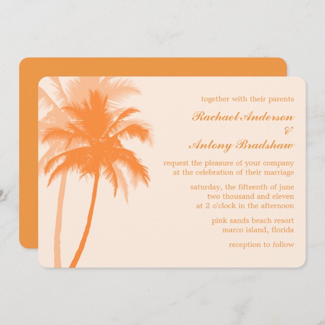 Orange Palm Trees Tropical Wedding Invitation (Front/Back)
