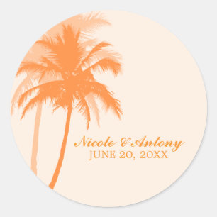 Orange Palm Trees Wedding Classic Round Sticker