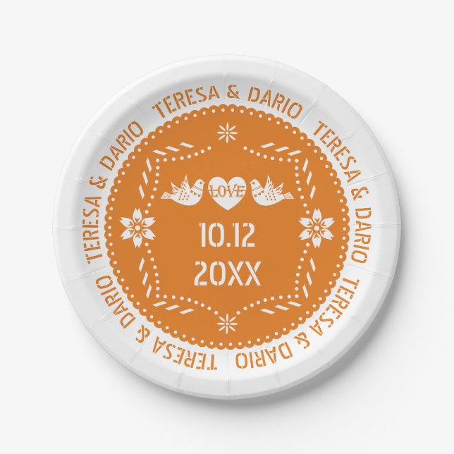 Orange papel picado love birds Mexican wedding Paper Plate (Front)