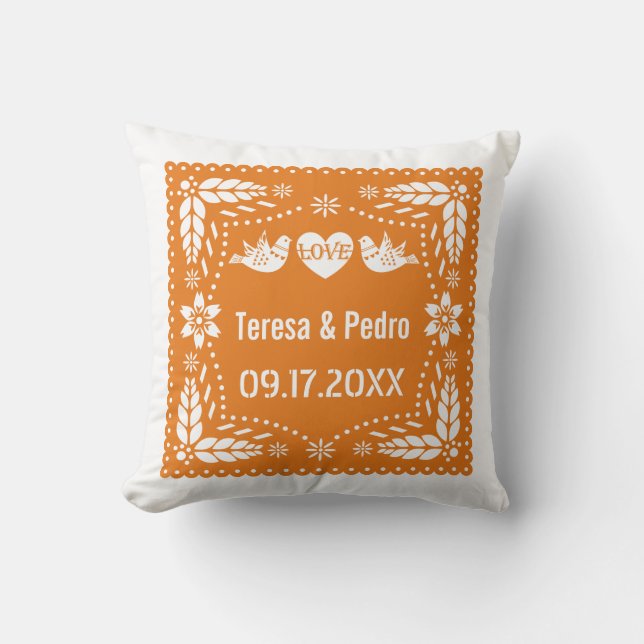 Orange papel picado love birds wedding fiesta  cushion (Front)