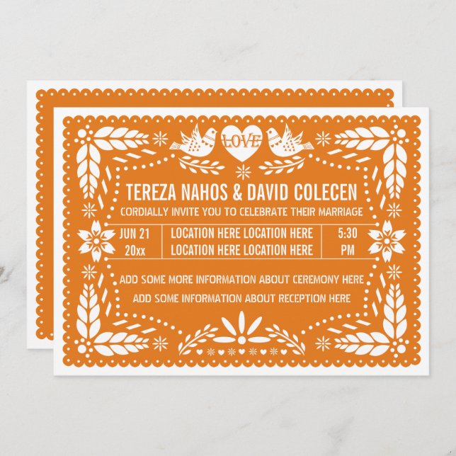 Orange papel picado love birds wedding invitation (Front/Back)