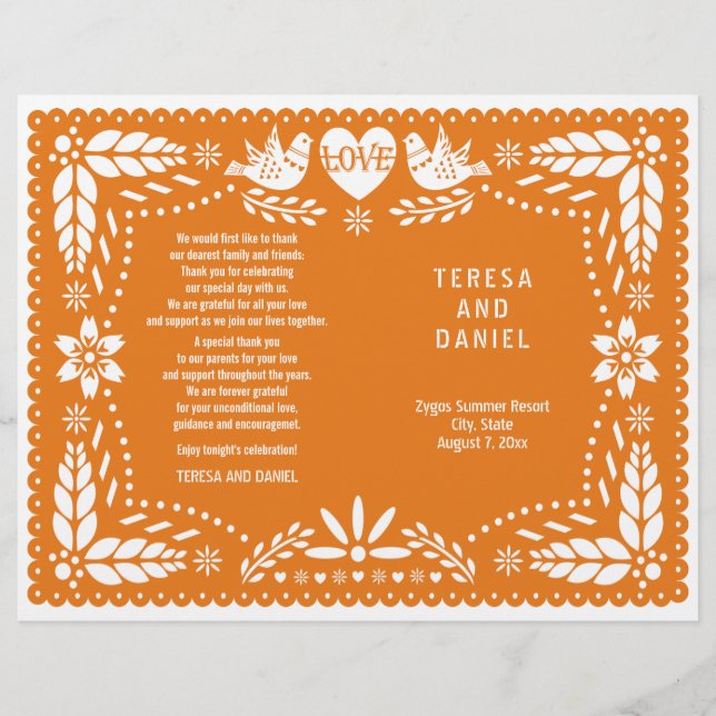 Orange papel Picado wedding fiesta folded program (Front)