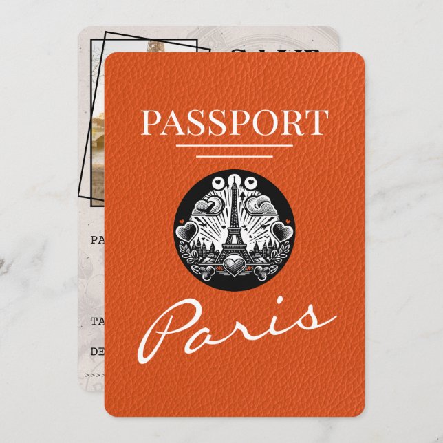 Orange Paris Passport Save The Date (Front/Back)