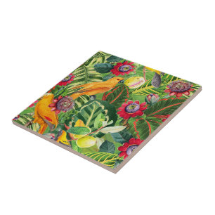 Orange Parrots in Tropical Flower Jungle Pattern Ceramic Tile