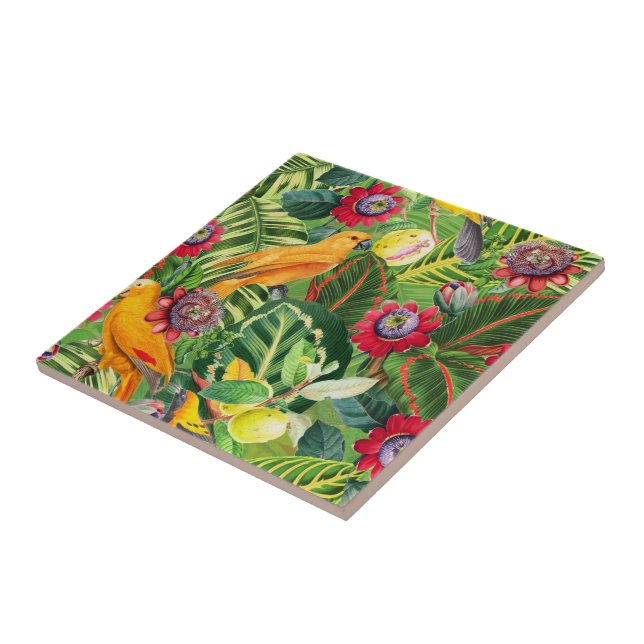 Orange Parrots in Tropical Flower Jungle Pattern Ceramic Tile (Side)