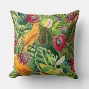 Orange Parrots in Tropical Flower Jungle Pattern Cushion