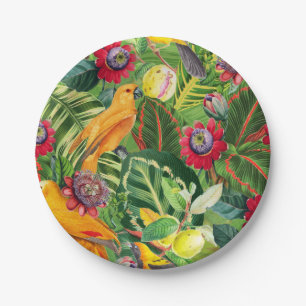 Orange Parrots in Tropical Flower Jungle Pattern Paper Plate