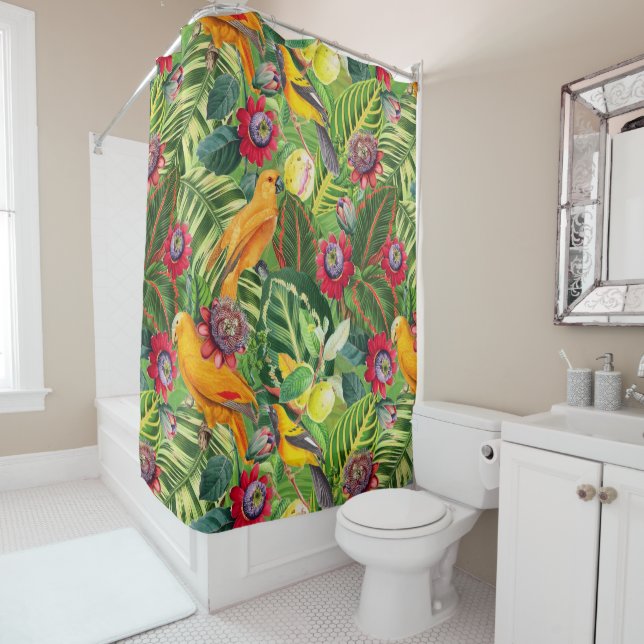 Orange Parrots in Tropical Flower Jungle Pattern Shower Curtain (In Situ)