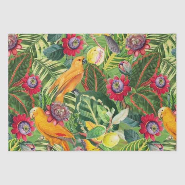Orange Parrots in Tropical Flower Jungle Pattern Tissue Paper (Front)