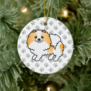 Orange Parti-Colour Pomeranian Cartoon Dog & Paws Ceramic Ornament