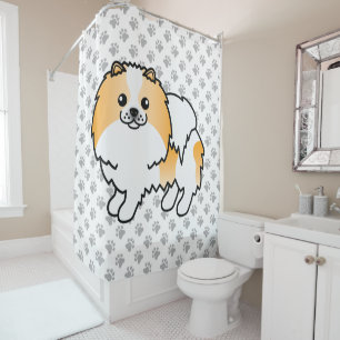 Orange Parti-Colour Pomeranian Cartoon Dog & Paws Shower Curtain