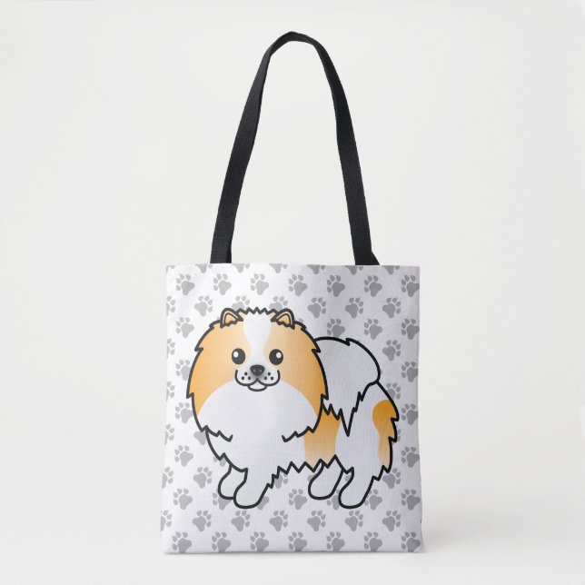Orange Parti-Colour Pomeranian Cute Dog & Paws Tote Bag (Front)