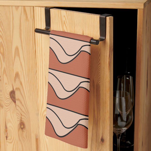 Orange Pastel Black Wavy Stripes Pattern Tea Towel (Thirds Fold)