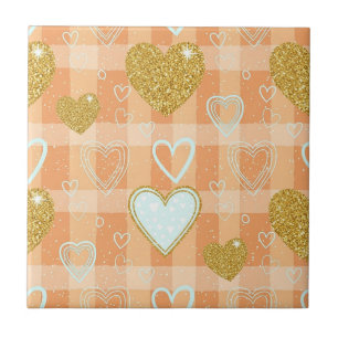 Orange Pastel Heart Stripe with Gold Accents Ceramic Tile