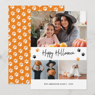 Orange Paw Print Pet Photo Happy Halloween Card
