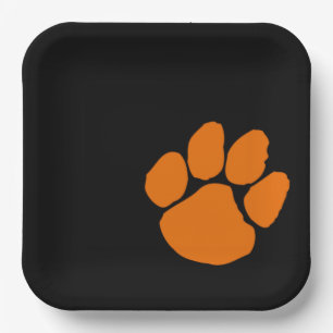 Orange Pawprint on Black Paper Party Plates
