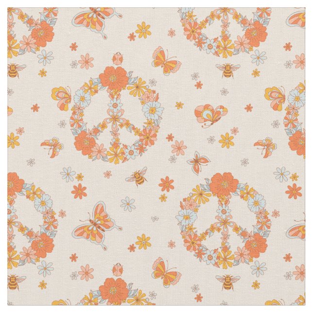 Orange Peace Floral Pattern Fabric (Close Up)