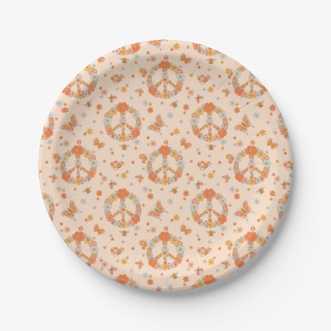 Orange Peace Floral Pattern Paper Plate (Front)
