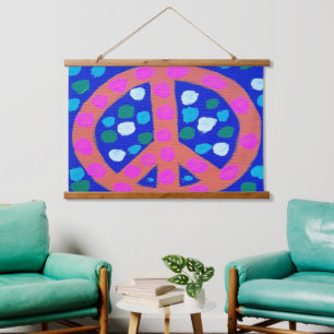 Orange Peace Sign on Blue Hanging Tapestry