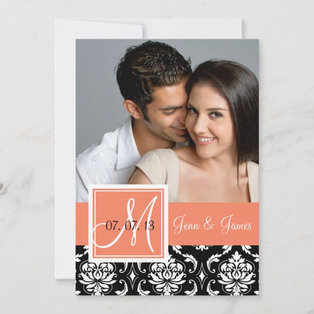 Orange Peach Black Damask Photo Save the Date (Front)